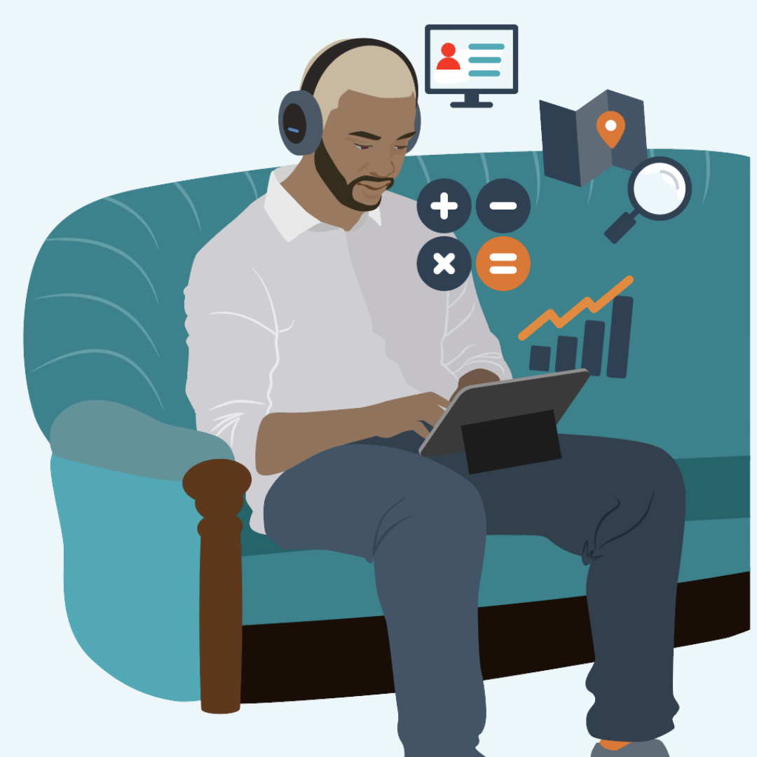 An illustration of a person sitting down using a tablet with business orientated icons in the air